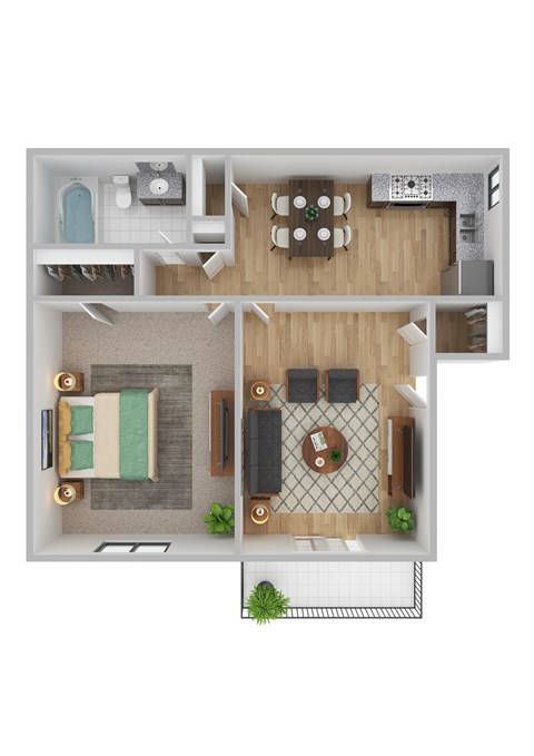 Floor plan for 1 bed, 1 bath, 716 sqft